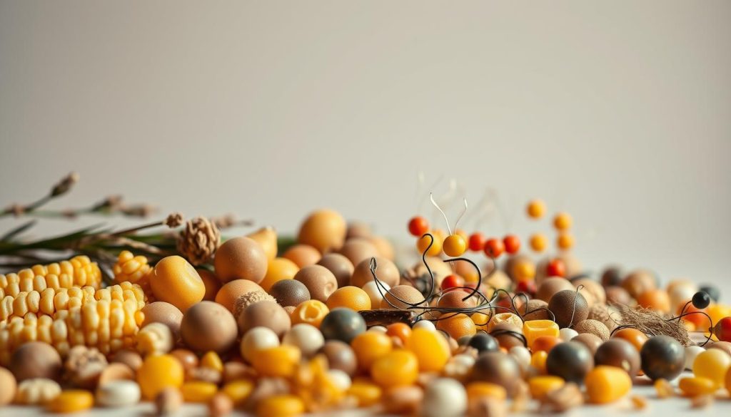 A beautifully lit close-up shot of a variety of carp fishing baits and hookbait rigs against a clean, neutral background. In the foreground, an assortment of maize, boilies, and other natural carp attractants are artfully arranged, showcasing their textures and colors. In the middle ground, expertly tied hair rigs and pop-up hookbaits are displayed, highlighting the attention to detail required for successful carp angling. The lighting is soft and directional, creating subtle shadows that add depth and dimension to the scene. The overall mood is one of thoughtful preparation and careful consideration of the carp's preferences, setting the stage for a productive and enjoyable autumn carp fishing session.