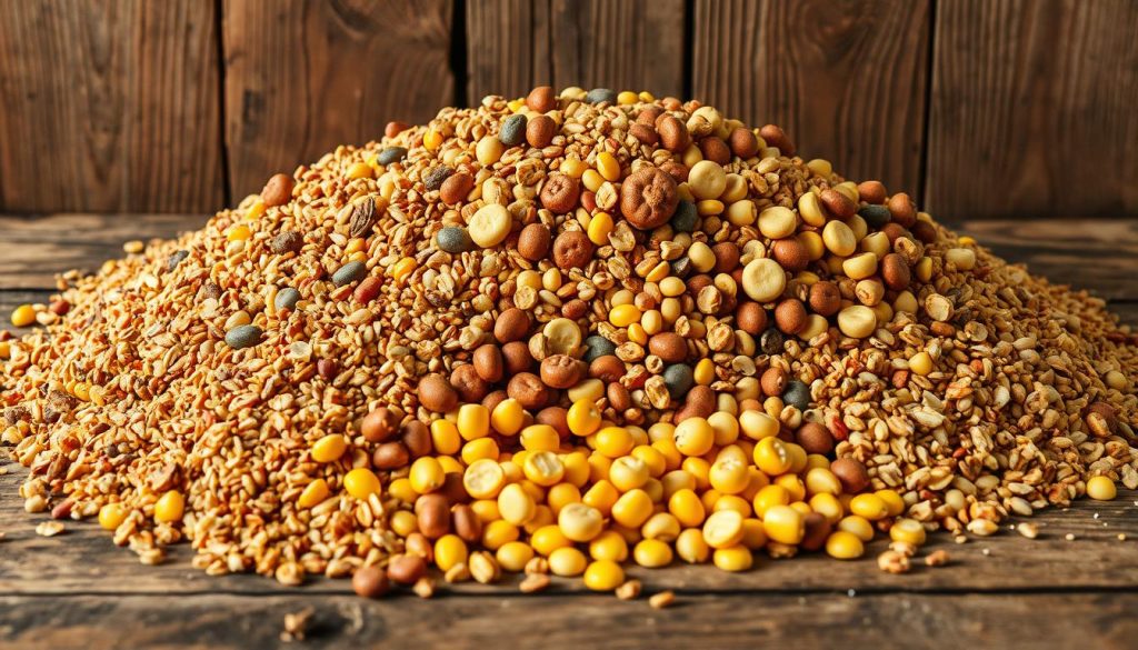 A bountiful pile of carp bait, artfully arranged on a rustic wooden surface. In the foreground, a mix of crushed grains, seeds, and pellets, their earthy tones and varied textures creating a visually enticing display. Surrounding this, an array of enticing additives - pungent spices, aromatic oils, and natural attractants - that work in harmony to lure the carp's senses. In the middle ground, a scattering of fresh, vibrant corn kernels, their golden hues catching the soft, warm light that illuminates the scene. In the background, a backdrop of weathered wood panels, their character-rich surface adding depth and character to the composition. The overall mood is one of autumnal abundance, a celebration of the secrets to successful carp fishing in the fall season.