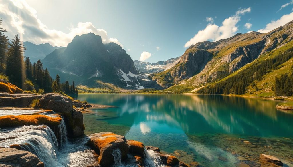 A breathtaking mountain landscape with a pristine alpine lake nestled between towering peaks. The crystal-clear waters reflect the rugged cliffs and lush, verdant vegetation that surround the shore. In the foreground, a cascading waterfall tumbles over mossy rocks, creating a serene and tranquil atmosphere. Sunlight filters through the clouds, casting a warm, golden glow over the entire scene. The camera angle is slightly elevated, offering a panoramic view that captures the majesty and untamed beauty of this unspoiled mountain ecosystem.