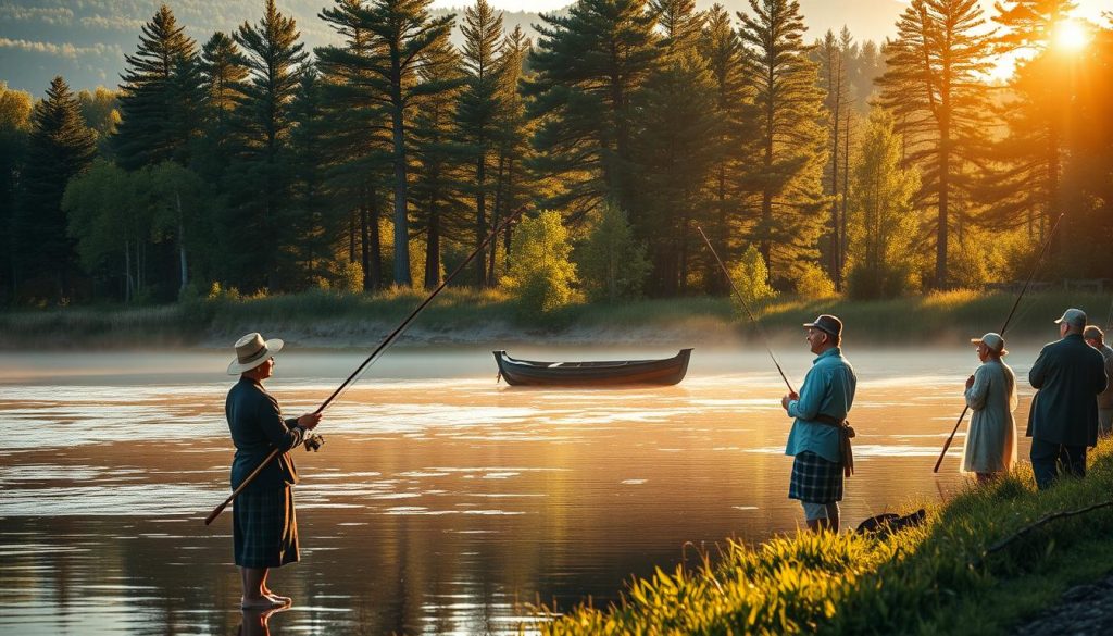 A breathtaking scene showcasing the evolution of Ukrainian recreational fishing. In the foreground, anglers dressed in traditional garb skillfully cast their lines into a tranquil lake, its surface reflecting the lush, verdant shoreline. In the middle ground, a vintage wooden rowboat bobs gently, a testament to the sport's humble origins. Towering pine trees line the shore, casting dappled shadows across the scene. The warm, golden light of a setting sun bathes the entire tableau in a nostalgic glow, evoking a sense of timeless tradition and community. This image encapsulates the rich history and enduring passion of Ukrainian recreational fishing.