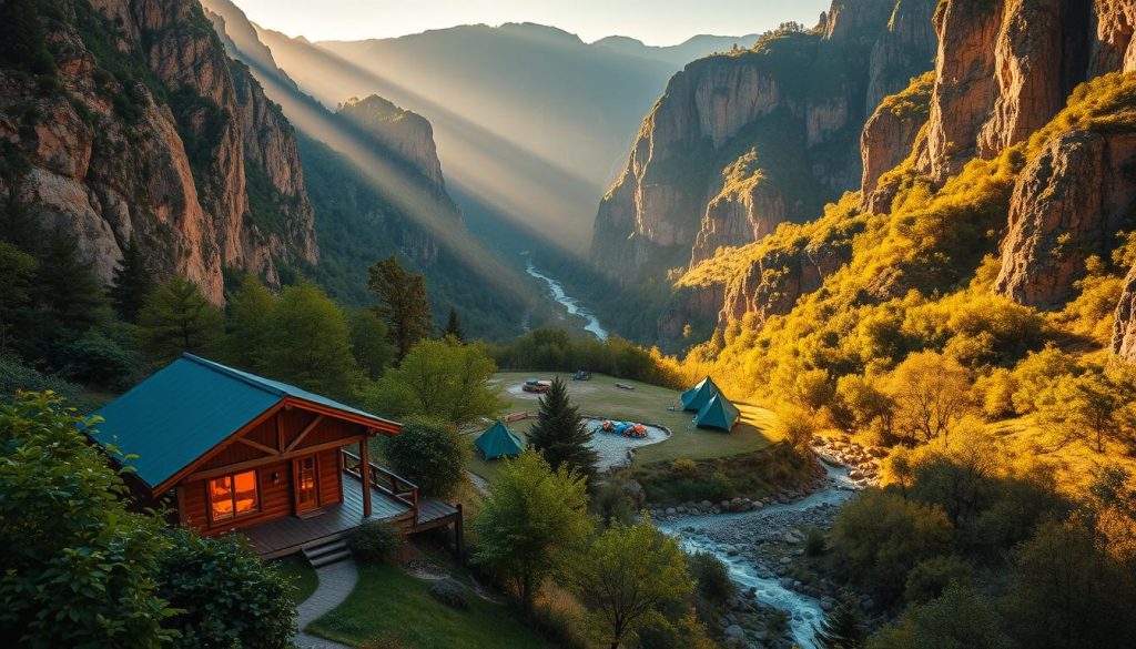 A breathtaking vista of the Dniester Canyon, showcasing the perfect spots for weary travelers to rest and rejuvenate. In the foreground, a cozy cabin nestled amidst lush greenery, its warm glow inviting hikers to find respite. In the middle ground, a picturesque campsite with tents dotting the landscape, surrounded by towering cliffs and tranquil streams. In the background, the majestic canyon walls rise up, casting dramatic shadows that accentuate the natural beauty of the scene. Warm, golden sunlight filters through the trees, creating a serene and inviting atmosphere. This idyllic setting offers the ultimate refuge for those seeking to immerse themselves in the stunning natural wonder of the Dniester Canyon.