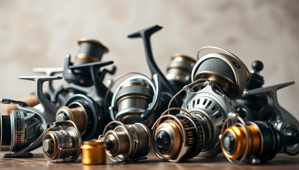 A carefully arranged collection of fishing reels in various sizes and styles, showcased against a soft, out-of-focus background. The reels, in shades of silver, black, and gold, are positioned to highlight their intricate mechanisms and textured surfaces. Soft, directional lighting casts subtle shadows, accentuating the depth and dimensionality of the reels. The overall composition conveys a sense of precision, craftsmanship, and the evolution of modern fishing technology.