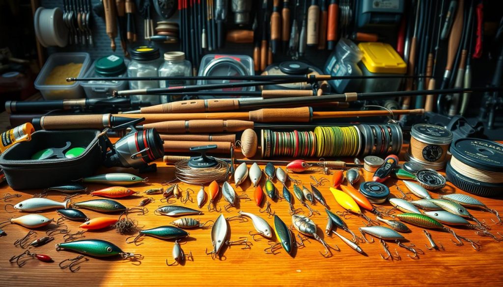 A carefully curated collection of fishing tackle meticulously arranged on a wooden surface, illuminated by warm natural lighting. In the foreground, an assortment of lures, hooks, and sinkers in a variety of colors and sizes, each reflecting the intricate craftsmanship of their design. The middle ground showcases an array of fishing rods, reels, and lines, expertly organized to accentuate their distinctive features. In the background, a backdrop of fishing accessories, such as tackle boxes, bait containers, and tools, creates a sense of depth and completeness, evoking the passion and expertise of the avid angler. The overall composition exudes a sense of order, attention to detail, and a celebration of the essential components of a successful fishing outing.