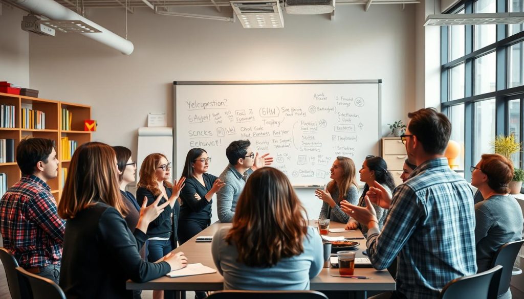 A classroom setting with students and teachers engaged in a lively discussion about educational topics. The foreground features a group of people gathered around a table, gesturing animatedly and exchanging ideas. The middle ground showcases a whiteboard or chalkboard filled with scribbles, diagrams, and bullet points, reflecting the flow of the conversation. The background depicts a well-lit, modern learning environment with large windows, bookshelves, and educational materials, conveying a sense of openness and intellectual stimulation. The lighting is soft and natural, creating a warm, inviting atmosphere. The overall scene captures the essence of an engaging, collaborative educational setting where questions and answers are the driving force behind the learning process.