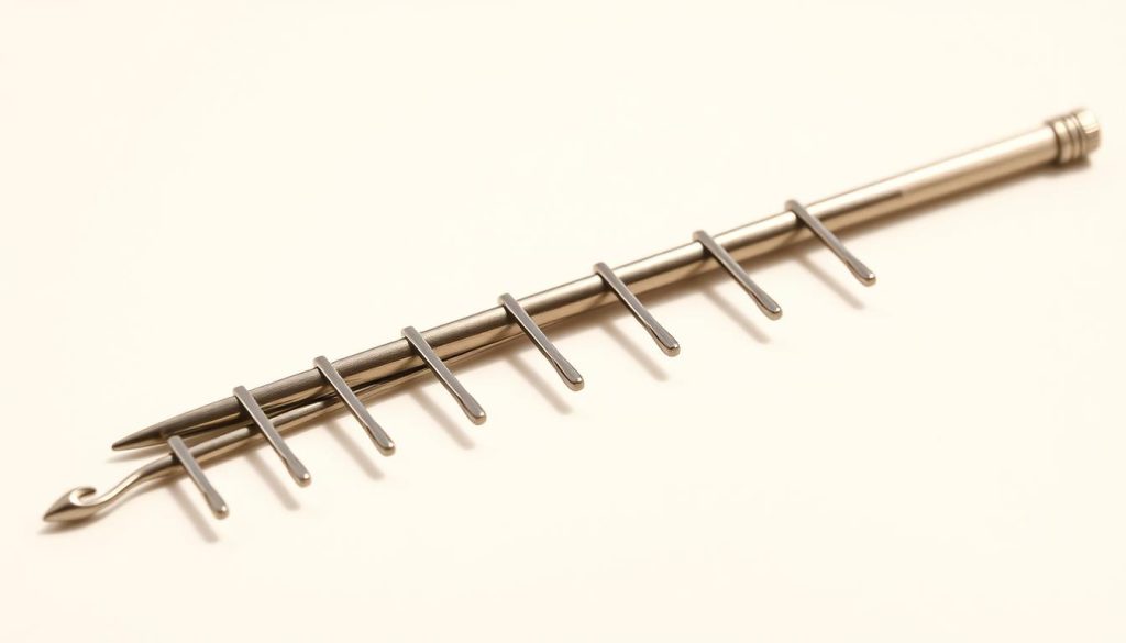 A close-up, high-resolution photograph of a selection of crochet hooks in various sizes, presented on a plain, well-lit background. The hooks should be displayed in a linear arrangement, evenly spaced, with a clear focus on the size differences between them. Use natural, warm lighting to create a clean, detailed image that emphasizes the subtle textures and contours of the metal hooks. Capture the hooks from a slightly elevated angle to provide a clear, unobstructed view. The overall composition should convey a sense of simplicity and clarity, allowing the viewer to easily compare the different hook sizes.