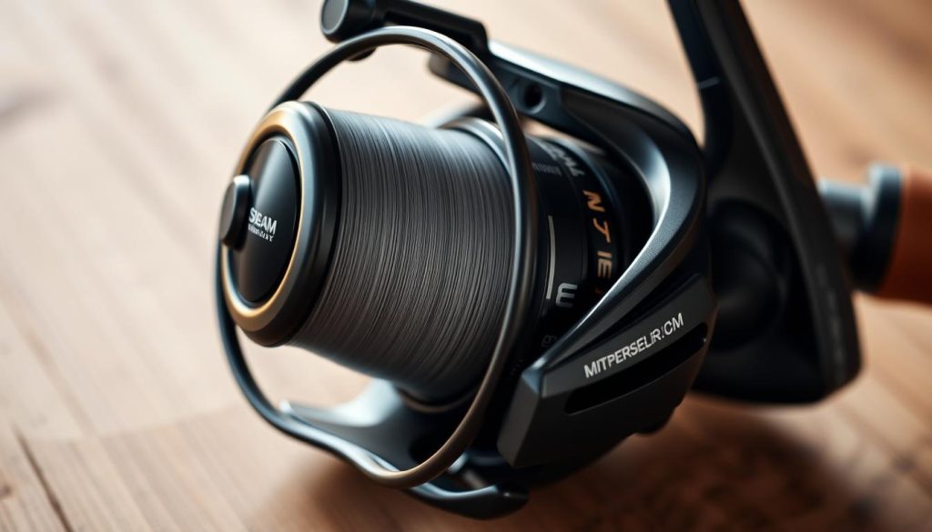 A close-up shot of a fishing reel, with a sleek and modern design. The reel is made of high-quality materials, with a smooth and precise mechanism that allows for effortless casting and retrieval. The spool is loaded with a high-quality fishing line, and the frame has a matte black finish that gives it a professional and durable appearance. The reel is positioned on a wooden surface, with a soft, natural lighting that creates a warm and inviting atmosphere. The overall composition emphasizes the technical details and craftsmanship of the reel, showcasing its suitability for a wide range of fishing scenarios.