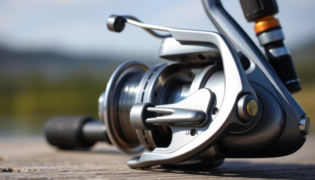 A close-up shot of a high-quality fishing reel, its metal body and spool gleaming under natural lighting. The reel is positioned on a wooden surface, with a blurred, out-of-focus background that suggests a tranquil, natural setting. The reel's various components, such as the drag system, line guide, and bail arm, are clearly visible, showcasing the intricate engineering and attention to detail. The overall image conveys a sense of craftsmanship, durability, and the importance of proper maintenance for optimal performance during fishing expeditions.