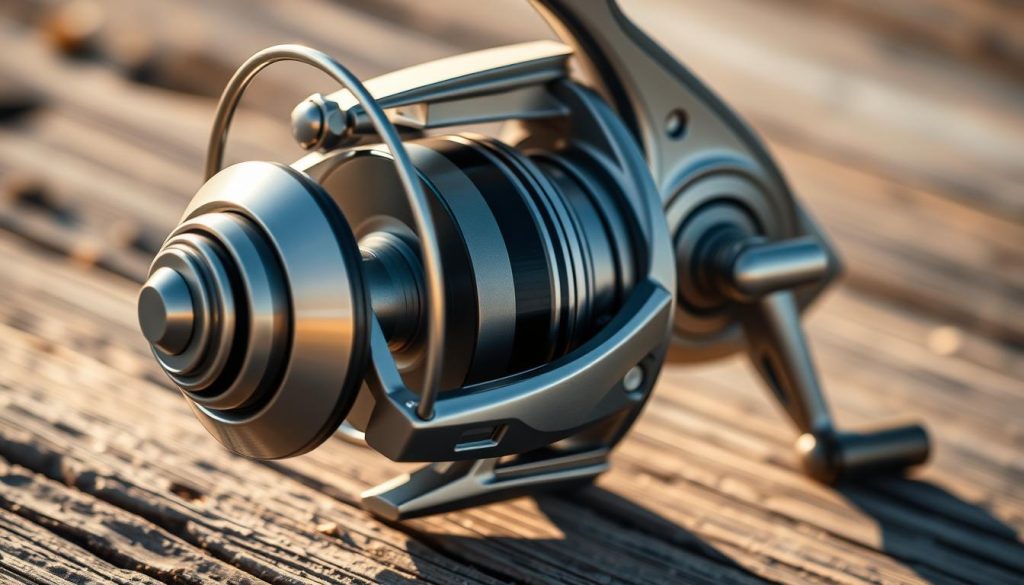 A close-up shot of a modern, high-end fishing reel for feeder fishing in 2025. The reel has a sleek, aerodynamic design with a brushed metal finish and subtle accents. The spool is large and deep, optimized for long-distance casting. The gear system appears robust and well-engineered, with smooth, responsive operation. Detailed textures and precise machining suggest premium quality. The reel is positioned on a textured, wooden surface, bathed in warm, directional lighting that highlights its technical elegance. The overall scene conveys a sense of innovation, craftsmanship, and the evolution of feeder fishing equipment for the upcoming year.