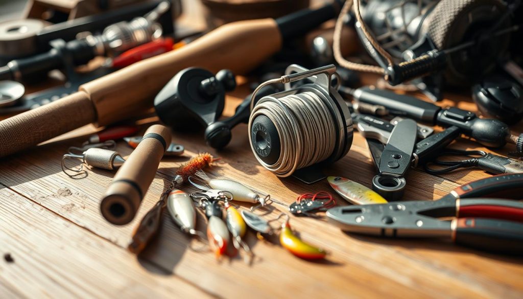 A close-up shot of a wooden table covered with an assortment of fishing equipment, including a sturdy rod, a reel with a tightly wound line, a selection of lures and bait, and various tools like pliers and a pocket knife. The items are arranged in a neat, organized manner, suggesting a seasoned angler's careful preparation. The image is lit with warm, natural lighting, casting subtle shadows and highlighting the textures and materials of the gear. The background is slightly blurred, keeping the focus on the carefully curated fishing equipment, the centerpiece of a successful angling endeavor.