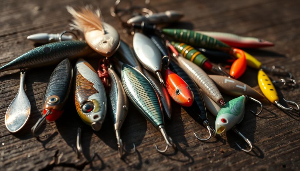 A close-up shot of an assortment of fishing lures and baits for pike fishing, arranged on a rustic wooden surface. The lures are diverse in shape, size, and color, including spoons, plugs, and soft plastic baits. The lighting is natural, with warm tones and subtle shadows, creating a moody, atmospheric setting. The lures are presented in a visually appealing, almost still-life-like composition, showcasing their intricate details and textures. The overall scene conveys the allure and excitement of pike fishing, enticing the viewer to imagine the thrill of the hunt.