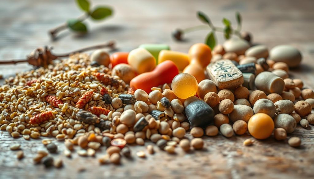 A close-up shot of an assortment of natural-looking baits and feeding attractants for carp fishing. In the foreground, various grains, seeds, and pellets are neatly arranged on a wooden surface, creating a visually appealing presentation. The middle ground features a handful of colorful boilies and dumbbell-shaped baits, while the background showcases a few carefully selected natural elements like twigs, leaves, and pebbles to enhance the organic, earthy feel. The lighting is soft and diffused, casting gentle shadows and highlighting the textures and details of the bait items. The overall composition conveys a sense of thoughtfulness and attention to detail, reflecting the importance of proper bait and feed selection for successful carp angling.