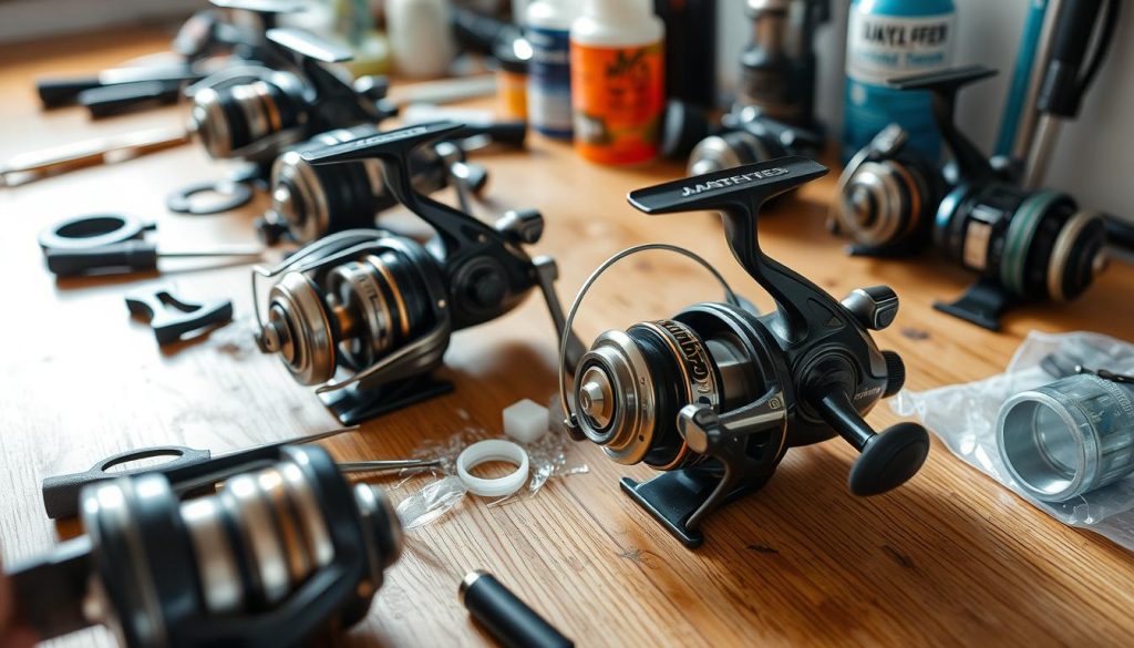 A close-up shot of multiple fishing reels being thoroughly cleaned and maintained. The reels are disassembled, with various tools and cleaning supplies scattered around them on a clean, well-lit wooden workbench. The scene conveys a sense of precision and attention to detail, with the reels glistening as they are meticulously serviced. Soft, directional lighting from the side casts gentle shadows, emphasizing the intricate mechanisms and the importance of proper reel maintenance for successful fishing.