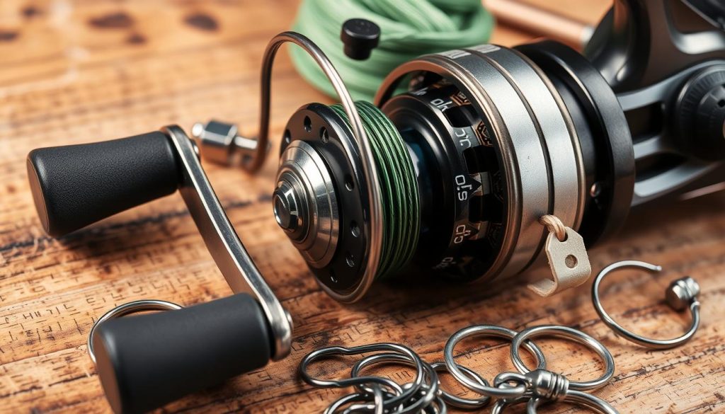 A close-up shot of various fishing gear components, including high-quality reel, durable line, sharp hooks, and sturdy swivels, all displayed on a wooden surface with a natural, rustic texture. The lighting is soft and even, accentuating the intricate details and metallic finishes of the tackle. The overall composition is well-balanced, with each element positioned strategically to showcase the essential elements of a fishing reel and its accompanying hardware.