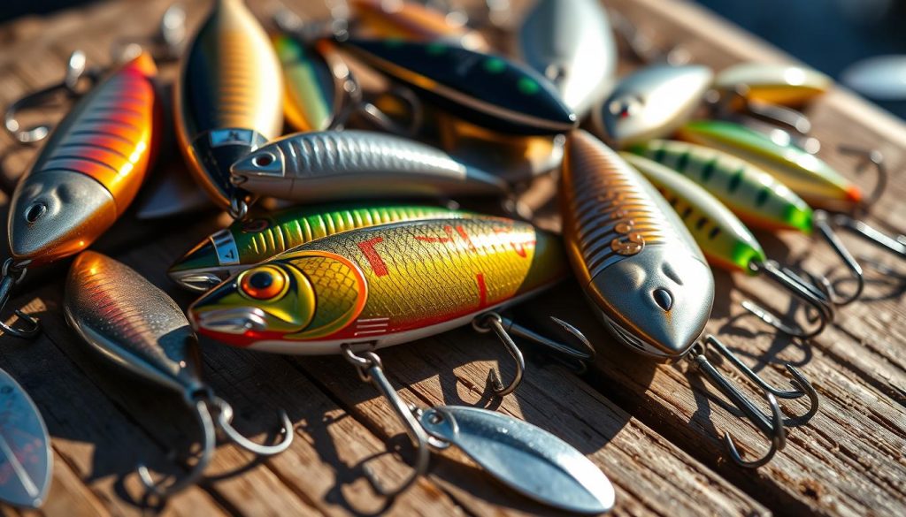 A close-up shot of various fishing lures and spoons for pike fishing, displayed on a wooden surface. The lures feature a range of colors, shapes, and textures, including vibrant metallic finishes, minnow patterns, and simple yet effective designs. The lighting is natural, creating warm highlights and shadows that emphasize the details and textures of the lures. The background is blurred, keeping the focus on the lures themselves and their individual characteristics, which are the key elements in selecting the right bait for spring pike fishing.