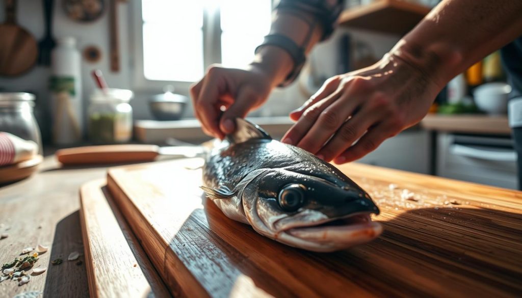A close-up view of a fisherman's hands carefully cleaning and preparing a fresh, glistening fish on a wooden cutting board. The sunlight filters through the nearby window, casting a warm, natural glow over the scene. In the background, a well-stocked kitchen counter with various cooking utensils and ingredients hints at the culinary experiment to come. The image conveys a sense of rustic simplicity and the joy of working with high-quality, locally sourced ingredients.