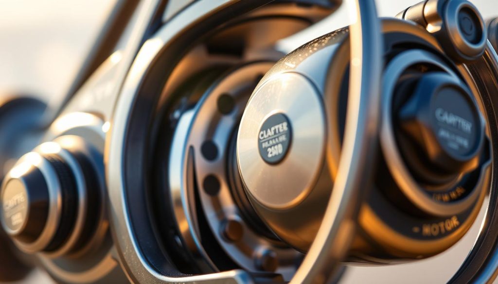 A close-up view of a fishing reel, capturing the intricate mechanisms and delicate components that make up its internal structure. The reel is illuminated by a warm, natural light, casting soft shadows that accentuate the curves and contours of the metal parts. The frame is made of a durable, high-quality material, and the spool is meticulously maintained, with a gleaming, well-oiled surface. The focus is on the maintenance and care aspects, showcasing the importance of proper reel maintenance for optimal performance and longevity in the pursuit of a successful catch.