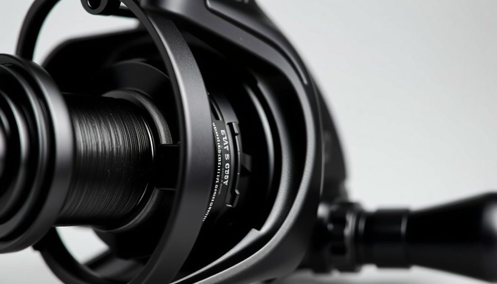 A close-up view of a sleek, high-quality carp fishing reel, meticulously crafted with precision engineering. The reel's spool is made of durable anodized aluminum, its body a smooth, matte black finish. Detailed components, like the intricate gear system and sturdy drag mechanism, are clearly visible, showcasing the reel's technical prowess. The reel is presented against a clean, neutral background, allowing its design elements to take center stage. Soft, directional lighting highlights the reel's contours, creating subtle shadows that accentuate its form. This image is intended to showcase the key features and engineering excellence of a premium carp fishing reel, suitable for inclusion in an article on selecting the ideal reel for carp anglers.