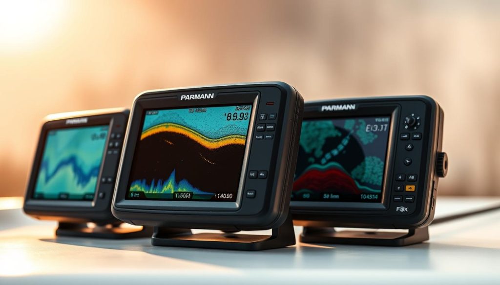 A close-up view of high-quality sonar fish finders, designed for modern recreational fishing. The devices feature advanced LCD displays, intuitive user interfaces, and cutting-edge transducer technology to provide crystal-clear underwater imaging and detailed fish detection. The scene is set against a blurred, atmospheric background, conveying a sense of focus and professionalism associated with the latest fishing electronics. Soft, warm lighting illuminates the sleek, premium-grade hardware, hinting at the technological sophistication that enables anglers to locate and track their prey with unprecedented precision.