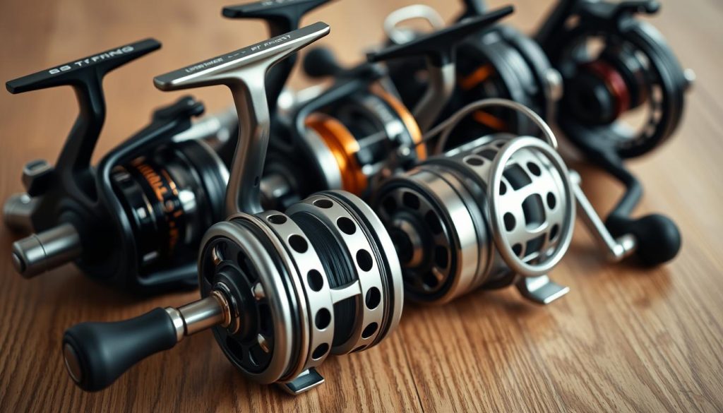 A close-up view of several high-quality fishing reels arranged on a wooden surface, showcasing their intricate mechanical details and sleek designs. The reels are presented in a well-lit, studio-like setting, with a soft, warm lighting that accentuates the metal and plastic components. The image has a clean, minimalist aesthetic, allowing the fishing equipment to be the focal point. The reels are positioned at various angles, creating a visually appealing and cohesive composition. The overall impression is one of precision, craftsmanship, and the excitement of angling in Ukraine.