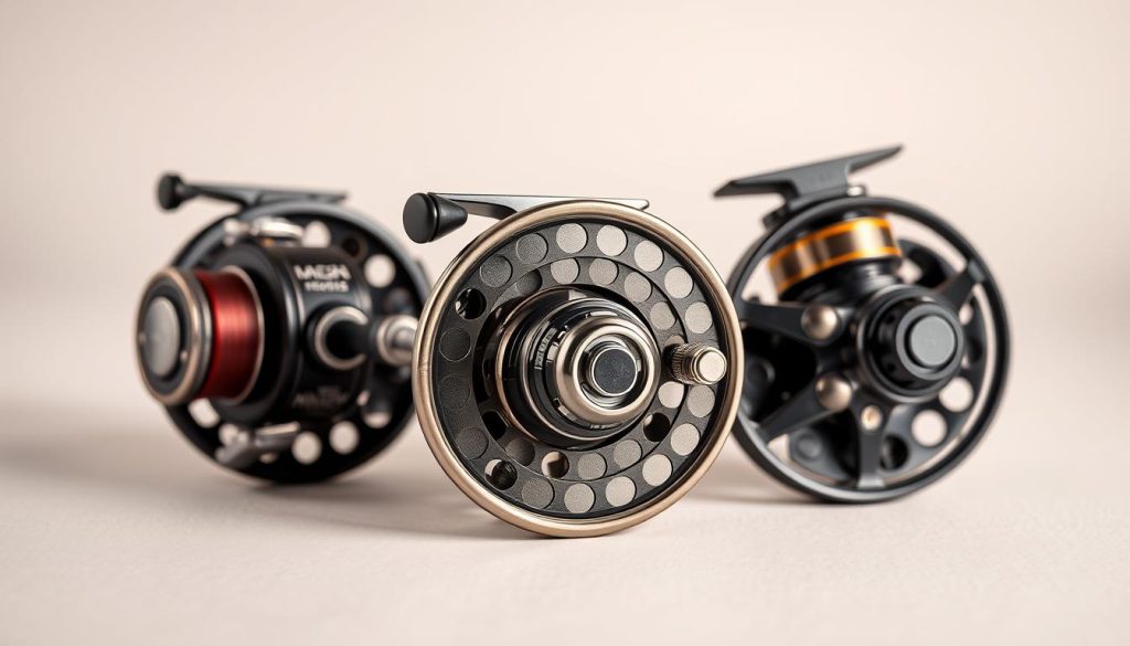 A close-up view of three fishing reel spools, showcasing their intricate mechanisms and materials. The spools are positioned on a clean, neutral background, illuminated by soft, directional lighting that accentuates their textures and contours. The image emphasizes the technical aspects of the reels, such as their ball bearings, gears, and spool designs, allowing the viewer to appreciate the engineering and craftsmanship that goes into their construction. The scene conveys a sense of precision, durability, and the importance of proper maintenance to ensure the longevity of these essential fishing tools.