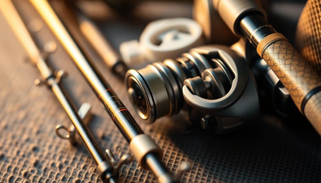 A close-up view of various fishing rod components and materials, capturing the intricate craftsmanship and engineering that goes into the construction of high-quality spinning rods. Showcase the diverse textures and finishes of the rod blank, reel seat, guides, and handle, illuminated by warm, directional lighting that highlights the materials' unique properties. Arrange the components in a visually appealing, yet informative layout that showcases the key criteria for selecting the best spinning rods for the 2025 fishing season, such as strength, sensitivity, and balance.