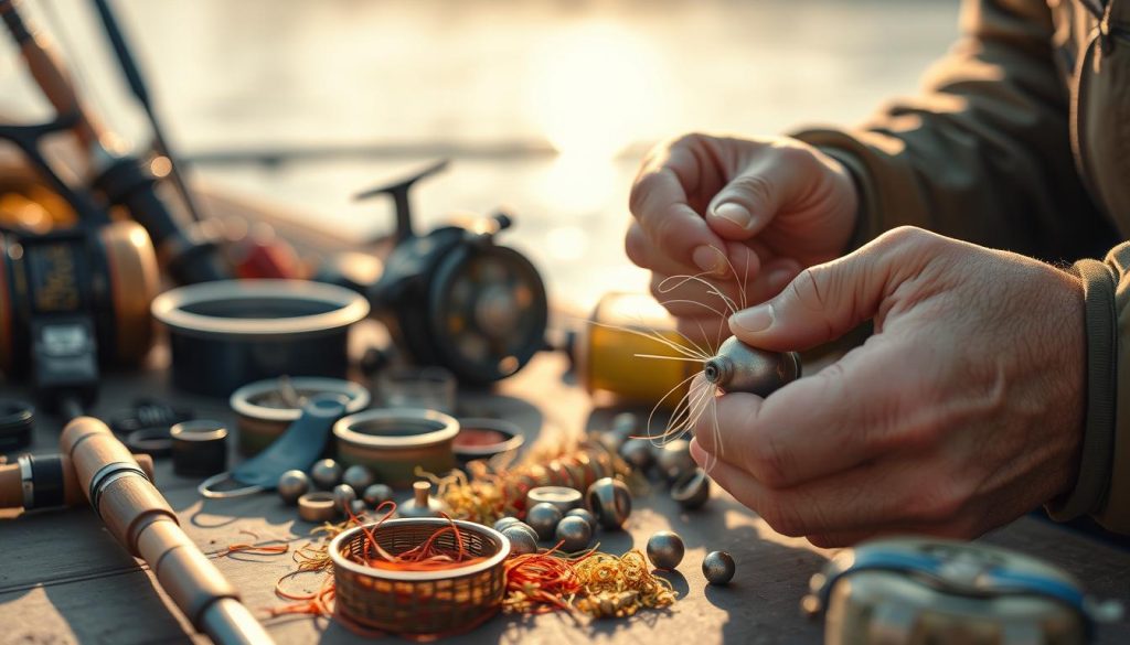 A closeup view of a fisherman's hands carefully preparing fishing tackle for carp angling. The focus is on the foreground, showcasing the intricate process of tying hooks, attaching sinkers, and spooling line onto reels. The middle ground features a selection of carp fishing equipment like rods, reels, and bait containers. The background is subtly blurred, creating a sense of depth and emphasizing the central activity. Warm, natural lighting illuminates the scene, evoking a serene, tranquil atmosphere typical of a summer day by the lake. The overall composition conveys the skilled preparation required for a successful carp fishing expedition.