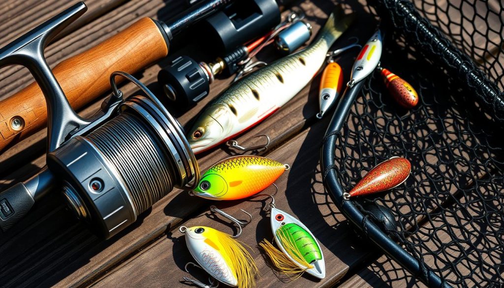A closeup view of a fishing setup for catching pike, including a sturdy spinning rod, a baitcast reel loaded with braided line, various lures and spinnerbaits with bright colors and lifelike details, a landing net, and other essential accessories neatly arranged on a wooden surface. The lighting is natural, with soft shadows and highlights accentuating the textures and materials. The overall mood is one of anticipation and readiness for an exciting pike fishing adventure.
