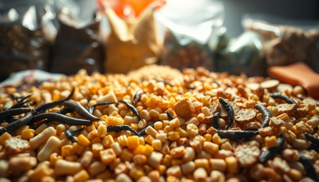 A closeup view of an assortment of fishing bait and groundbait. In the foreground, a variety of natural baits such as worms, corn kernels, and small pieces of bread are neatly arranged. The middle ground shows several different types of commercial groundbaits in bags or containers, each with distinct colors and textures. The background is softly blurred, evoking a sense of depth and focus on the foreground elements. The lighting is soft and slightly diffused, creating gentle shadows and highlighting the tactile qualities of the baits. The overall scene conveys a sense of preparation and thoughtfulness in the selection of effective baits and attractants for catching white amur in Ukrainian waters.