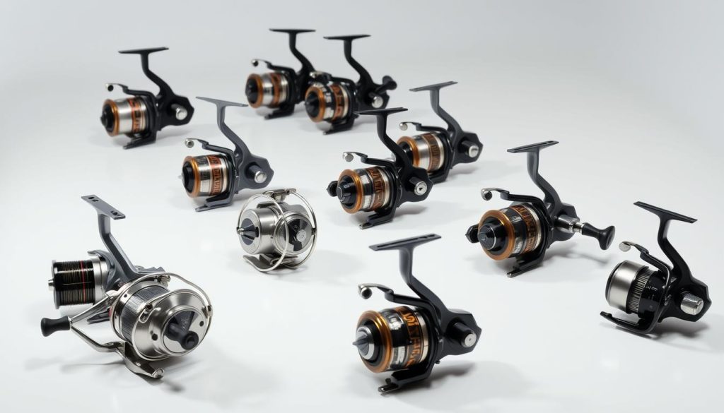 A collection of high-quality fishing reels displayed in a well-lit studio setting. The reels are arranged neatly on a smooth, reflective surface, showcasing their intricate designs and impressive mechanisms. The lighting accentuates the sheen of the metal components, creating a sense of precision and craftsmanship. The background is a clean, neutral tone, allowing the reels to be the focal point. The overall composition has a sense of balance and symmetry, highlighting the technical expertise and attention to detail that goes into the manufacturing of these fishing tools.