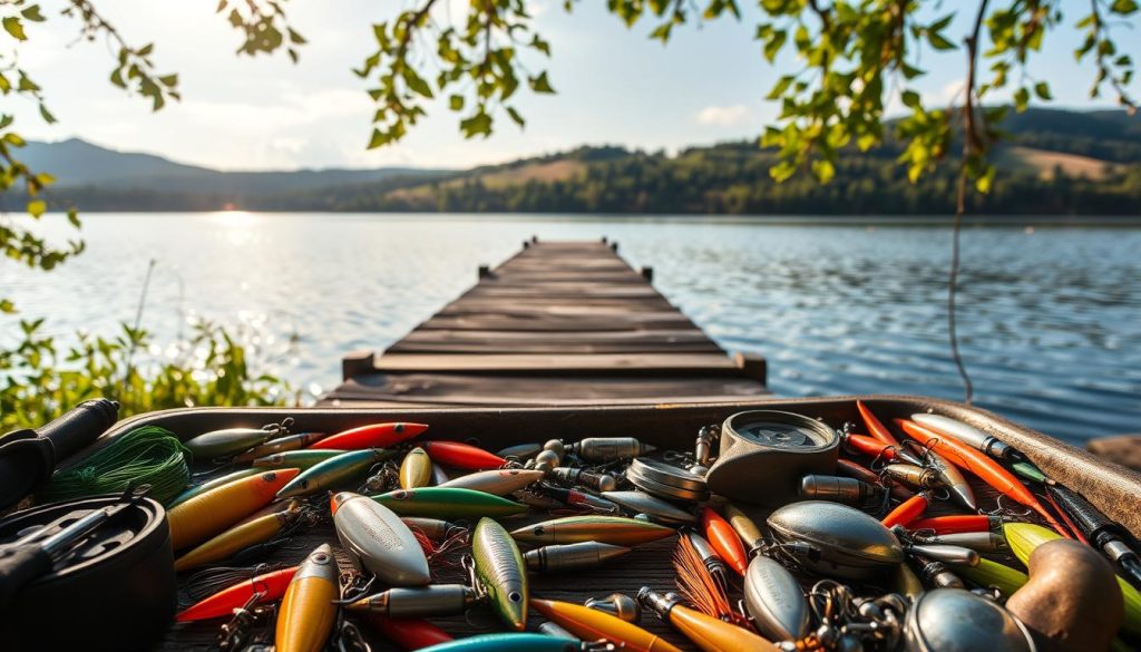 A cozy and well-stocked fishing tackle box set against a backdrop of a serene lakeside scene. In the foreground, an assortment of meticulously organized fishing lures, hooks, lines, and sinkers in a variety of colors and sizes. The middle ground features a weathered wooden dock extending into the calm, reflective waters, surrounded by lush, verdant foliage. The background showcases a tranquil landscape with rolling hills, a cloudless sky, and the warm glow of the afternoon sun filtering through the leaves. The overall composition evokes a sense of outdoor adventure, attention to detail, and the quiet satisfaction that comes with being well-prepared for a successful fishing expedition.