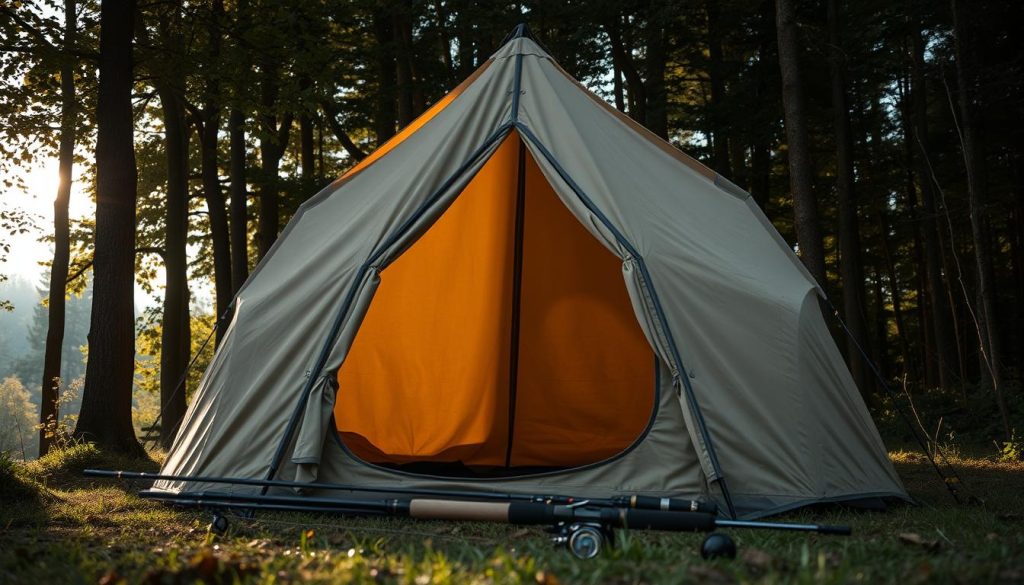A cozy carp fishing tent nestled in a peaceful forest glade, illuminated by soft, natural light filtering through the trees. The canvas structure stands tall, its neutral tones blending seamlessly with the surrounding greenery. Detailed textures of the weathered fabric are accentuated, conveying a sense of durability and functionality. In the foreground, fishing rods and equipment are neatly arranged, ready for the next exciting catch. The tent's interior is hinted at, suggesting a warm, inviting space for the angler to rest and recharge. The overall scene radiates a sense of tranquility and the joy of being immersed in nature while pursuing the beloved sport of carp fishing.