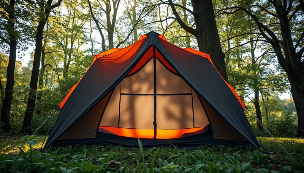 A cozy carp fishing tent nestled in a tranquil, lush forest glade. The tent's charcoal-grey polyester canopy is accented with vivid orange highlights, casting a warm glow across the verdant undergrowth. In the foreground, sturdy steel poles and guy ropes anchor the structure, creating a stable, weatherproof shelter. The mid-ground reveals a dappled play of soft natural light filtering through the canopy, illuminating the tent's spacious interior. Surrounding the tent, towering deciduous trees sway gently, their rustling leaves adding to the serene, outdoor ambiance. An inviting scene that captures the essence of a traditional carp angling setup, ready to host a comfortable, immersive fishing experience.