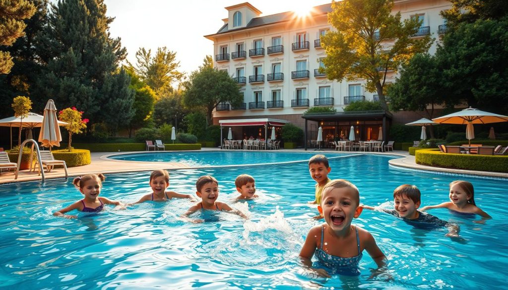 A cozy family resort with a lush outdoor pool, surrounded by a well-manicured garden. In the foreground, children playfully splash in the crystal clear waters, their laughter filling the air. The middle ground features a charming poolside restaurant, its warm lighting and inviting atmosphere setting the mood. In the background, the hotel's elegant exterior stands tall, its classical architecture blending seamlessly with the serene natural landscape. Soft, golden sunlight filters through the trees, casting a warm glow over the entire scene. The overall atmosphere is one of relaxation, comfort, and quality family time.