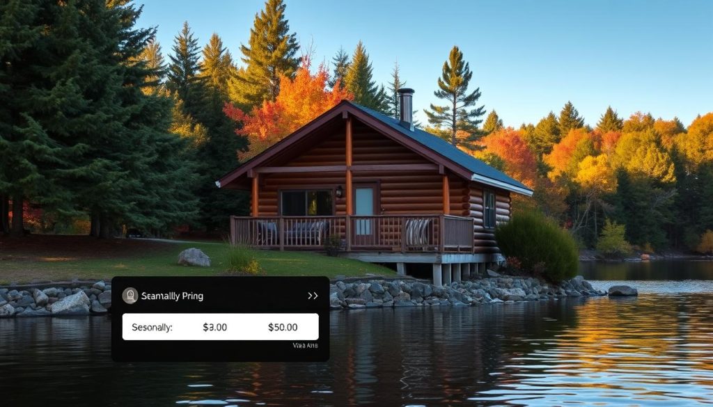 A cozy fishing cabin nestled beside a tranquil lake, surrounded by lush evergreen forests. The cabin's exterior features a rustic wooden facade, with a charming wraparound porch overlooking the serene waters. The scene captures the changing seasons, with vibrant autumn foliage in the background and the calm, reflective surface of the lake. The lighting is soft and warm, creating an inviting and peaceful atmosphere. In the foreground, a display showcases the seasonal pricing and availability of the rental, providing potential guests with the information they need to plan their perfect getaway.