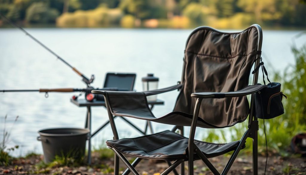 A cozy fishing chair in the foreground, its sturdy frame and comfortable padded seat inviting the angler to sit and relax. In the middle ground, an assortment of fishing accessories - a tackle box, a fishing rod, and a bait container - neatly arranged and ready for use. The background fades into a tranquil scene of a lakeside setting, with lush greenery and the calming presence of the water, setting the stage for a peaceful and productive fishing experience. The scene is illuminated by soft, natural lighting, creating a warm and inviting atmosphere. The camera angle is slightly elevated, providing a comprehensive view of the fishing chair and its accompanying accessories, emphasizing the importance of these elements in the overall fishing experience.