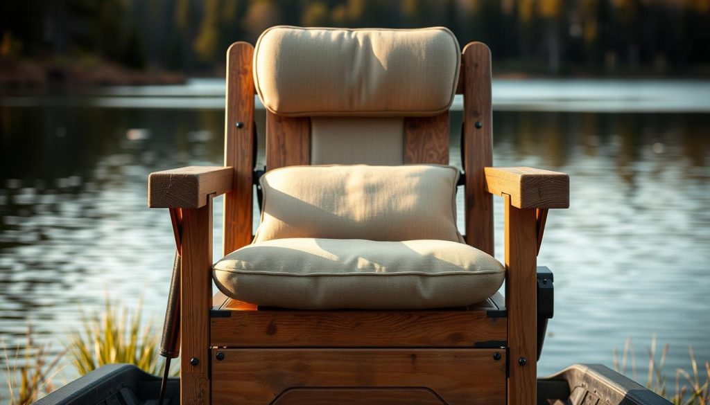 A cozy fishing chair set against a serene lakeside backdrop, with a warm, natural lighting capturing the weathered wood and soft, plush cushions. The chair is designed with ergonomic comfort in mind, featuring adjustable armrests and a high backrest for extended hours on the water. The composition showcases the chair's practical features and premium construction, highlighting its versatility and suitability for a range of fishing environments, from tranquil ponds to riverside retreats.