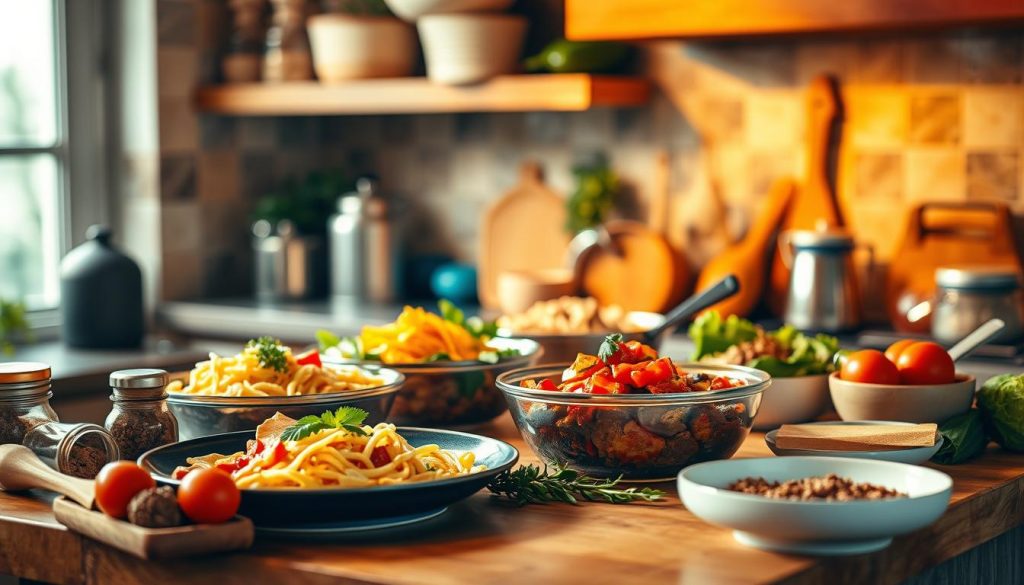 A cozy kitchen scene with vibrant, freshly prepared dishes taking center stage. The countertop is adorned with an assortment of cooking utensils, spices, and fresh ingredients, conveying a sense of culinary expertise. Warm, golden lighting casts a comforting glow, while the background features a blurred, harmonious blend of earthy tones and textures, creating a welcoming atmosphere. The overall composition emphasizes the joy and creativity of home cooking, inviting the viewer to be inspired and try their hand at new recipes.