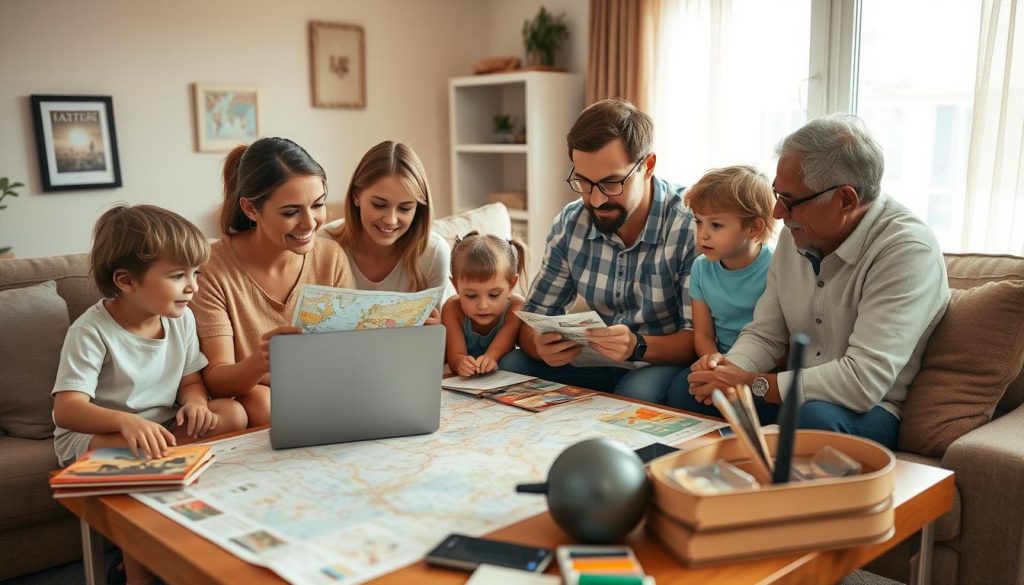A cozy living room scene with a large family gathered around a table, planning a vibrant, sun-soaked road trip. Warm, diffused lighting gently illuminates detailed maps, travel guides, and scattered vacation mementos. In the foreground, a mother and father pore over an open laptop, meticulously coordinating itineraries and accommodation. Siblings excitedly discuss destinations, while grandparents offer seasoned advice from the sidelines. A sense of adventure and anticipation permeates the atmosphere, complemented by a color palette of earthy tones and natural textures that evoke the spirit of a family getaway.