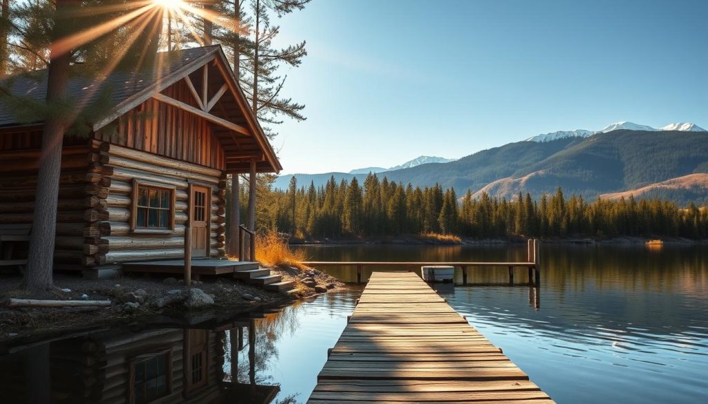 A cozy log cabin nestled in a serene, forested landscape, with a tranquil lake in the foreground. Sunlight filters through the canopy, casting a warm glow on the weathered wood and natural surroundings. In the middle ground, a wooden dock extends into the still waters, inviting visitors to embark on fishing adventures. In the background, rolling hills and snowcapped peaks create a picturesque, mountainous backdrop. The scene conveys a sense of rustic charm, outdoor recreation, and the allure of an immersive wilderness experience.