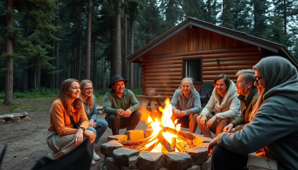 A cozy, rustic campsite nestled in a lush Ukrainian forest, with a group of tourists gathered around a crackling fire, sharing stories and experiences. The soft, warm glow of the flames illuminates their faces, capturing the intimate atmosphere of an outdoor retreat. In the background, a cabin with wooden walls and a sloping roof, surrounded by towering pine trees. The visitors' expressions convey a sense of contentment and camaraderie, as they reflect on their holiday adventures. The scene evokes the feeling of a peaceful, nature-immersed getaway, inviting the viewer to imagine the stories and insights shared within this serene setting.
