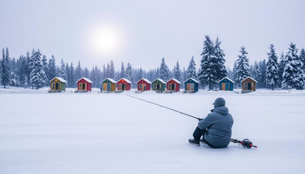 A cozy winter fishing scene, captured in a picturesque snowy landscape. In the foreground, a solitary fisherman sits patiently on a frozen lake, his line cast into the icy waters. The middle ground features a cluster of colorful ice fishing huts, their warm lights beckoning other anglers to join the pursuit. In the background, snow-capped pine trees frame the serene setting, while a pale winter sun casts a soft, diffused glow over the entire scene. The atmosphere is one of quiet contemplation, where the tranquility of the outdoors and the thrill of the catch intertwine, offering a glimpse into the joys of successful winter fishing.
