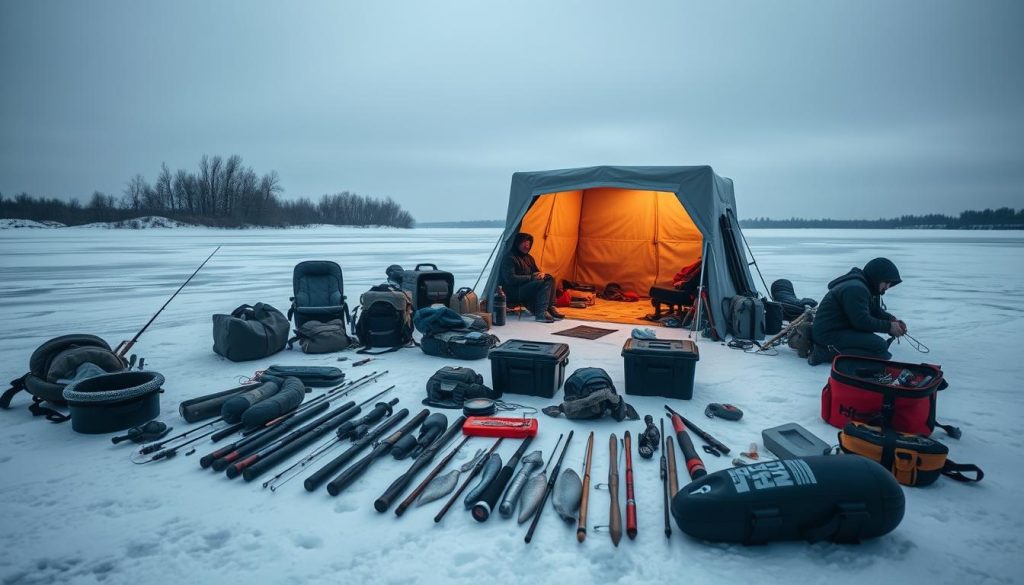 A cozy winter fishing scene on a frozen lake, with an array of essential gear neatly arranged in the foreground. In the middle ground, a sturdy ice shelter stands, its warm glow inviting the angler inside. The background features a tranquil, snow-covered landscape, with bare trees and a distant horizon. The lighting is soft and diffused, creating a serene atmosphere. The image captures the practical and comfortable equipment needed for a successful ice fishing expedition, including rods, tackle boxes, thermal clothing, and other specialized accessories.