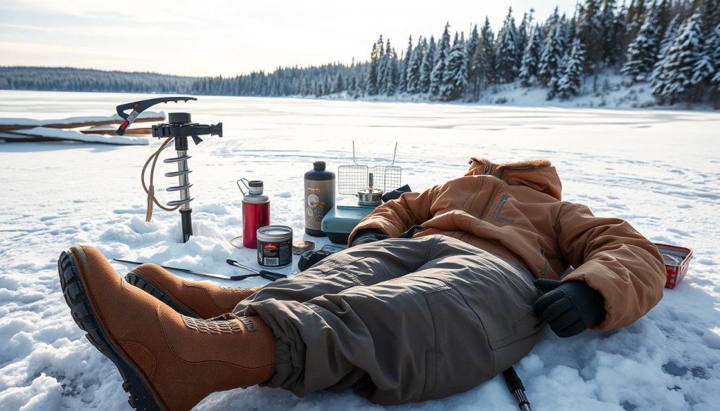 A cozy winter fishing scene with an array of specialized equipment. In the foreground, warm insulated boots, gloves, and a heavy-duty parka in earthy tones lie neatly arranged. Nearby, a sturdy ice auger, ice picks, and a compact portable stove sit ready for use. In the middle ground, a thermos flask and a box of bait hint at the preparations for a day spent on the frozen lake. The background reveals a serene landscape of snow-covered trees, with a frozen body of water stretching out in the distance, ready to be explored by the prepared angler. Crisp, natural lighting illuminates the scene, conveying a sense of quiet anticipation for the winter fishing adventure to come.