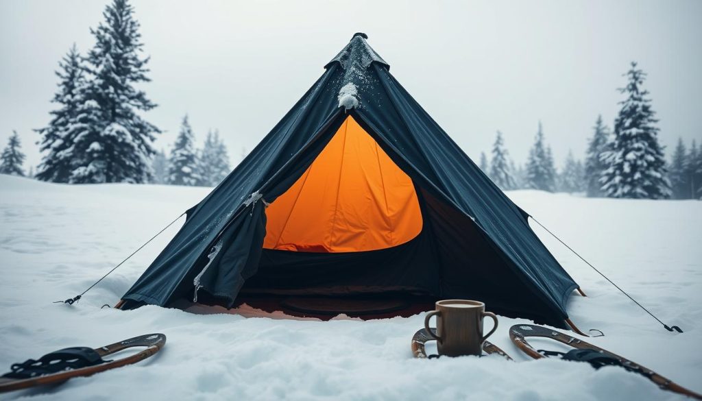 A cozy winter tent nestled in a snow-covered landscape, illuminated by a warm glow from within. The tent's fabric is a deep, rich shade of navy, its apex reaching skyward like a frozen spire. Icicles glisten on the guy lines, while a dusting of snow caps the tent's exterior, creating a serene and enchanting scene. In the foreground, a pair of snowshoes and a mug of steaming liquid add a sense of rustic adventure. The background is a pristine expanse of white, punctuated by the silhouettes of tall evergreen trees, their branches heavy with snow. The overall mood is one of tranquility, comfort, and the joy of embracing the beauty of the winter wilderness.