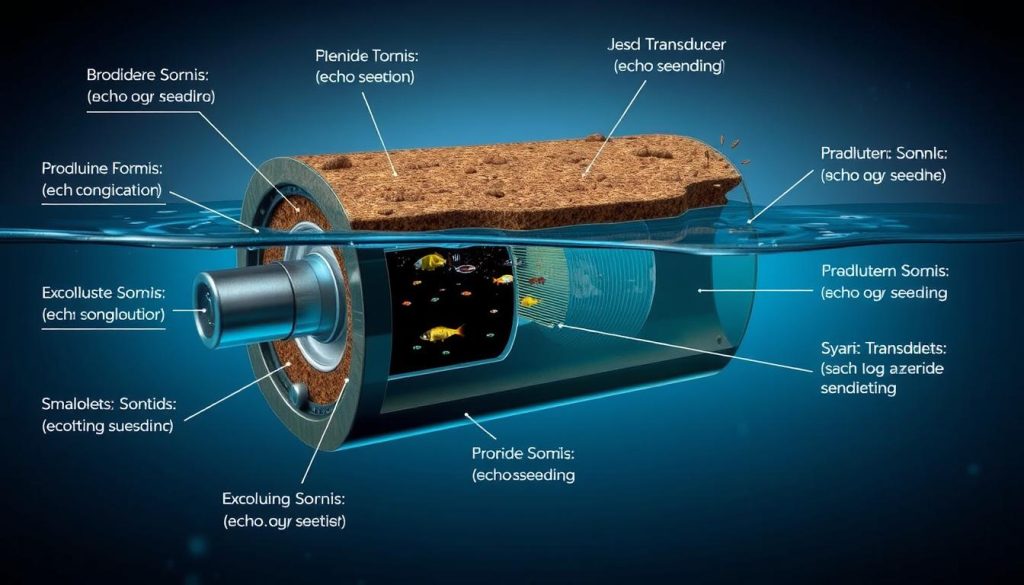 A cross-section of a fishing sonar system, with a detailed cutaway view showcasing the internal components and operation. The display shows a realistic underwater terrain with fish and depth information. The transducer is prominently featured, with clear labels indicating its role in transmitting and receiving sound waves. The image has a technical, educational tone, conveying the complex but essential principles behind echo sounding technology used in modern fishfinders. Subtle lighting from various angles highlights the intricate inner workings, while maintaining a clean, diagrammatic layout suitable for illustrating the article's section on sonar operation.