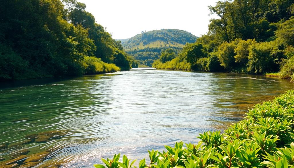 A crystal-clear river flows gently through a serene natural landscape. In the foreground, lush green vegetation lines the riverbanks, creating a sense of vibrant life. The middle ground features the river itself, its transparent waters reflecting the surrounding foliage and sky. In the distance, a gently rolling hill rises, covered in a mix of trees and vegetation. The scene is bathed in warm, diffused sunlight, casting a golden glow over the entire composition. The mood is one of tranquility and harmony, highlighting the ecological significance of this pristine, untouched river system.
