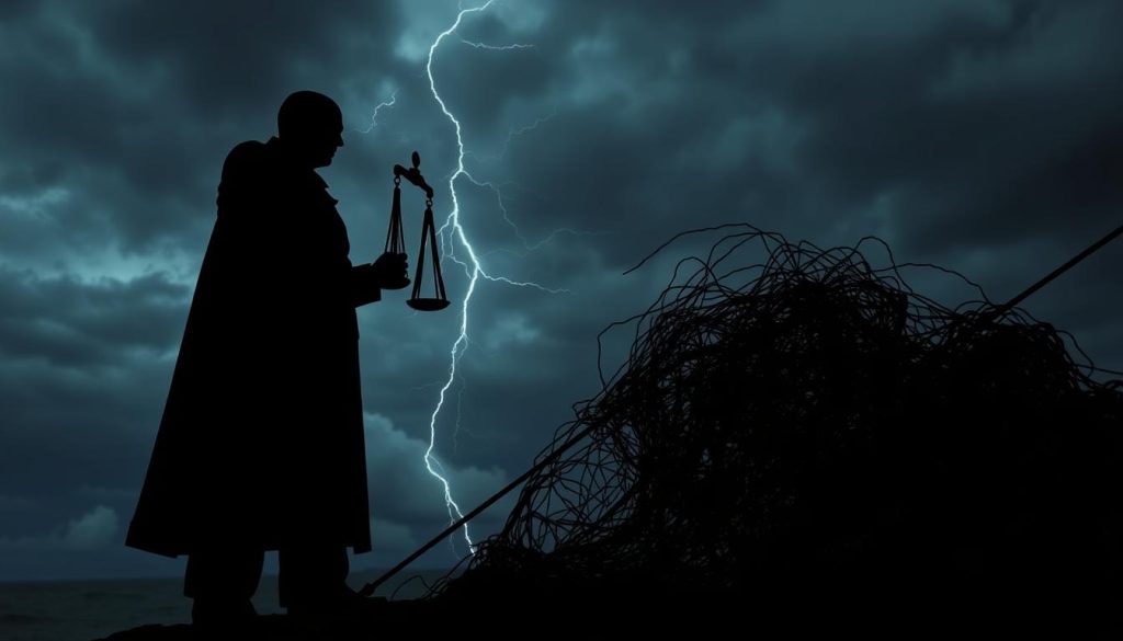 A dark and ominous scene depicting the consequences of violating fishery legislation. In the foreground, a shadowy figure representing the law stands solemnly, casting a long, foreboding shadow. In the middle ground, a tangled net symbolizes the web of regulations being broken. In the background, a cloudy, stormy sky suggests the gravity of the situation, with lightning flashing to highlight the severity of the offense. The lighting is dramatic, creating a sense of tension and unease. The camera angle is low, emphasizing the power and authority of the law. The overall mood is one of seriousness and gravitas, underscoring the responsibility and consequences associated with violations of fishery legislation.