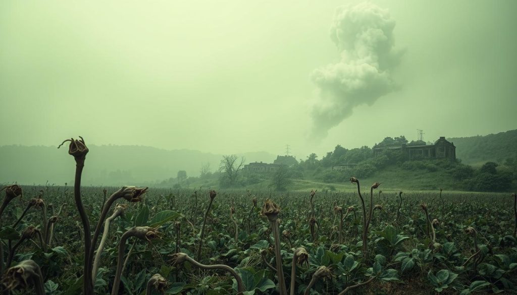 A desolate landscape shrouded in an eerie, greenish haze. In the foreground, a field of twisted, mutated vegetation, their leaves wilting and contorted, as if reaching out in agony. In the middle ground, a small, abandoned village, its buildings crumbling and overgrown, a haunting reminder of the disaster that has befallen this place. In the distance, a towering, ominous cloud of radioactive particles, casting an ominous shadow over the entire scene. The air is thick with the palpable sense of danger and decay, the result of a catastrophic event that has left an indelible mark on the land.