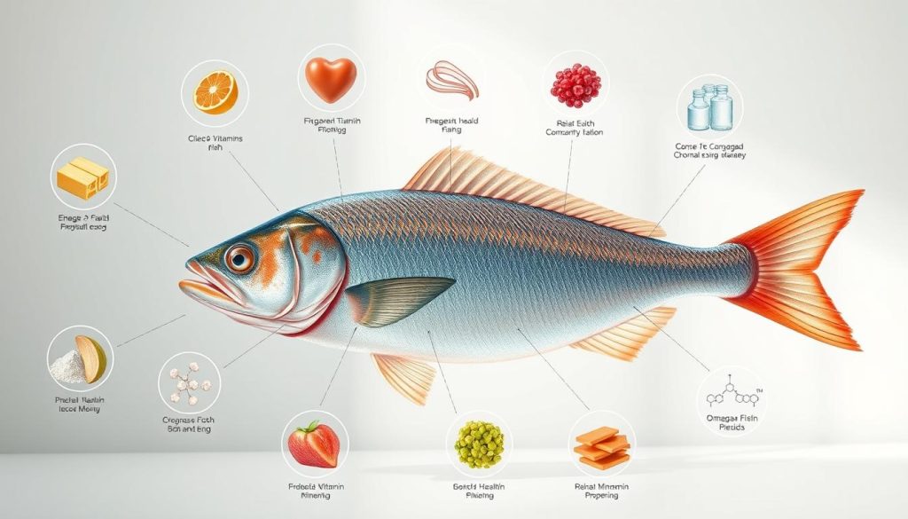 A detailed anatomical illustration of the nutritional benefits of fish, showcasing its impressive health properties. The composition features a central, meticulously rendered fish specimen, surrounded by floating iconographic elements depicting its key vitamins, minerals, and omega-3 fatty acids. The lighting is soft and natural, highlighting the fish's vibrant colors and textures. The background is a serene, minimalist setting, allowing the subject to take center stage. The overall tone is informative yet visually striking, perfectly suited to educate readers on the profound health advantages of incorporating fish into their diet.