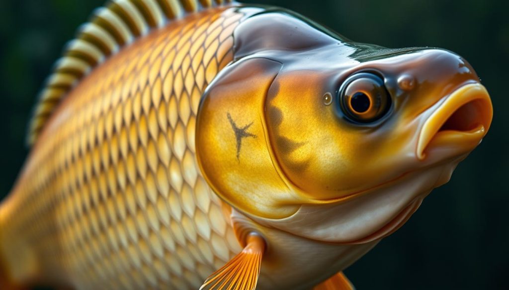 A detailed close-up of a common carp (Cyprinus carpio), also known as the Eurasian carp or European carp. The fish is captured in natural lighting, showcasing its distinctive golden-brown scales, barbels, and prominent dorsal fin. The image has a crisp, high-resolution focus, accentuating the carp's textured skin and the intricate patterns of its scales. The background is slightly blurred, placing the emphasis on the captivating biology and unique features of this freshwater fish species. The overall mood is one of scientific curiosity and appreciation for the natural world. A detailed close-up of a common carp (Cyprinus carpio), also known as the Eurasian carp or European carp. The fish is captured in natural lighting, showcasing its distinctive golden-brown scales, barbels, and prominent dorsal fin. The image has a crisp, high-resolution focus, accentuating the carp's textured skin and the intricate patterns of its scales. The background is slightly blurred, placing the emphasis on the captivating biology and unique features of this freshwater fish species. The overall mood is one of scientific curiosity and appreciation for the natural world.